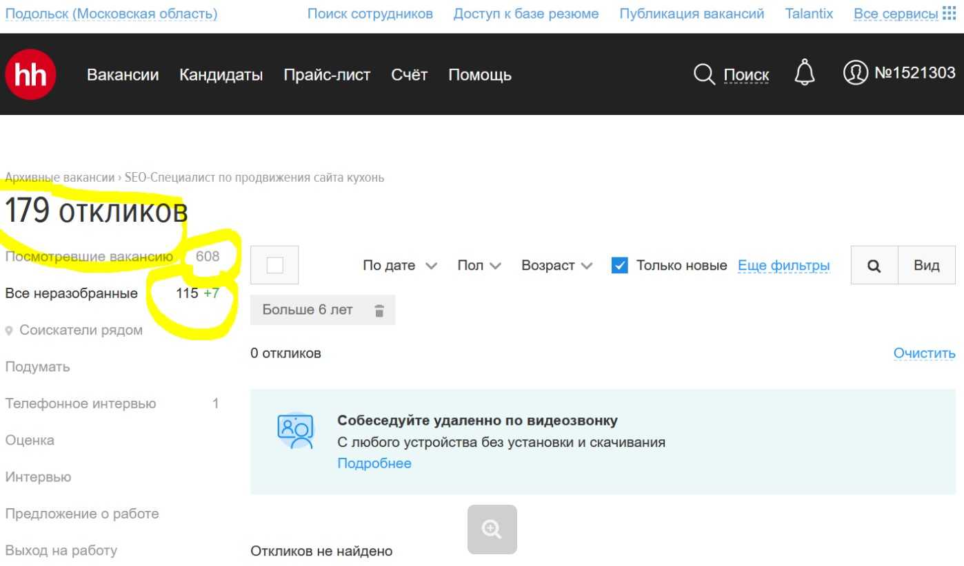 Скриншот с сайта поиска работы hh.ru, отклики на вакансию SEO оптимизатор по оптимизации и продвижения сайтов в поисковых системах.